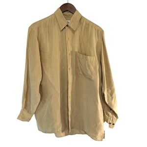 Cezar Mens 100% Silk Long Sleeve Button Down Shirt Tan Khaki Medium Pocket